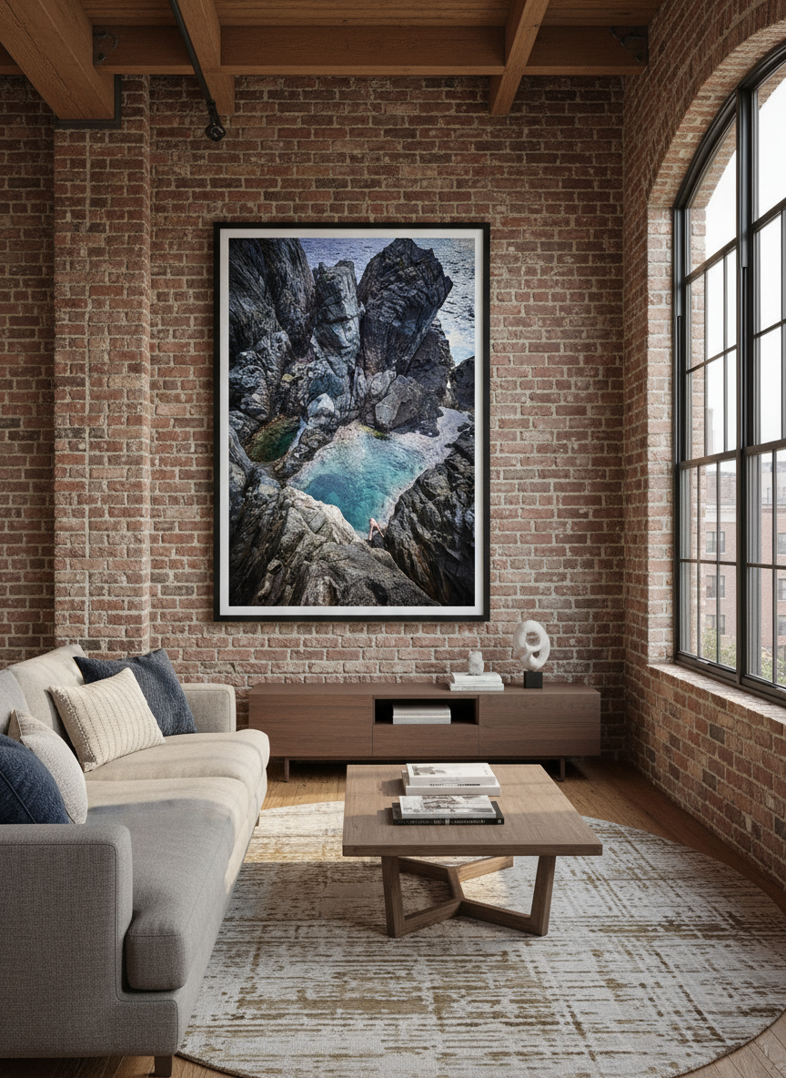 Living room with exposed brick walls, large windows, a beige sofa with pillows, a wooden coffee table with books, and a framed artwork of rocky coastline scenery.