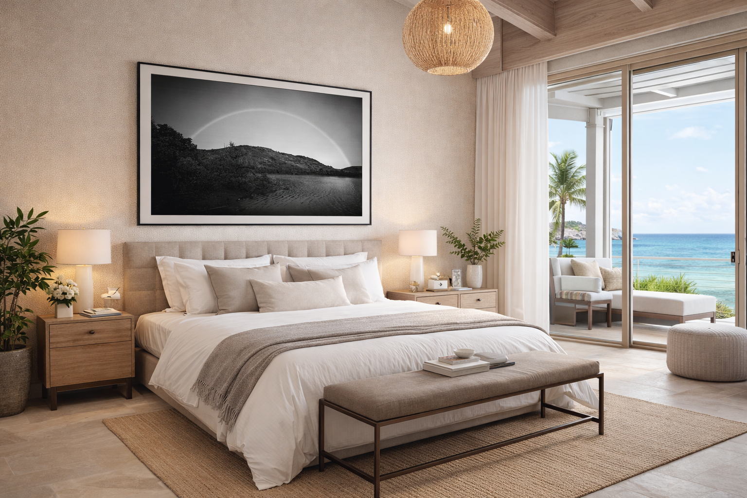 A bedroom with a view of the ocean, featuring a large bed with light-colored bedding, two bedside tables with lamps, a bench at the foot of the bed, and a sliding glass door leading to a balcony with outdoor furniture and a view of the sea and palm trees.