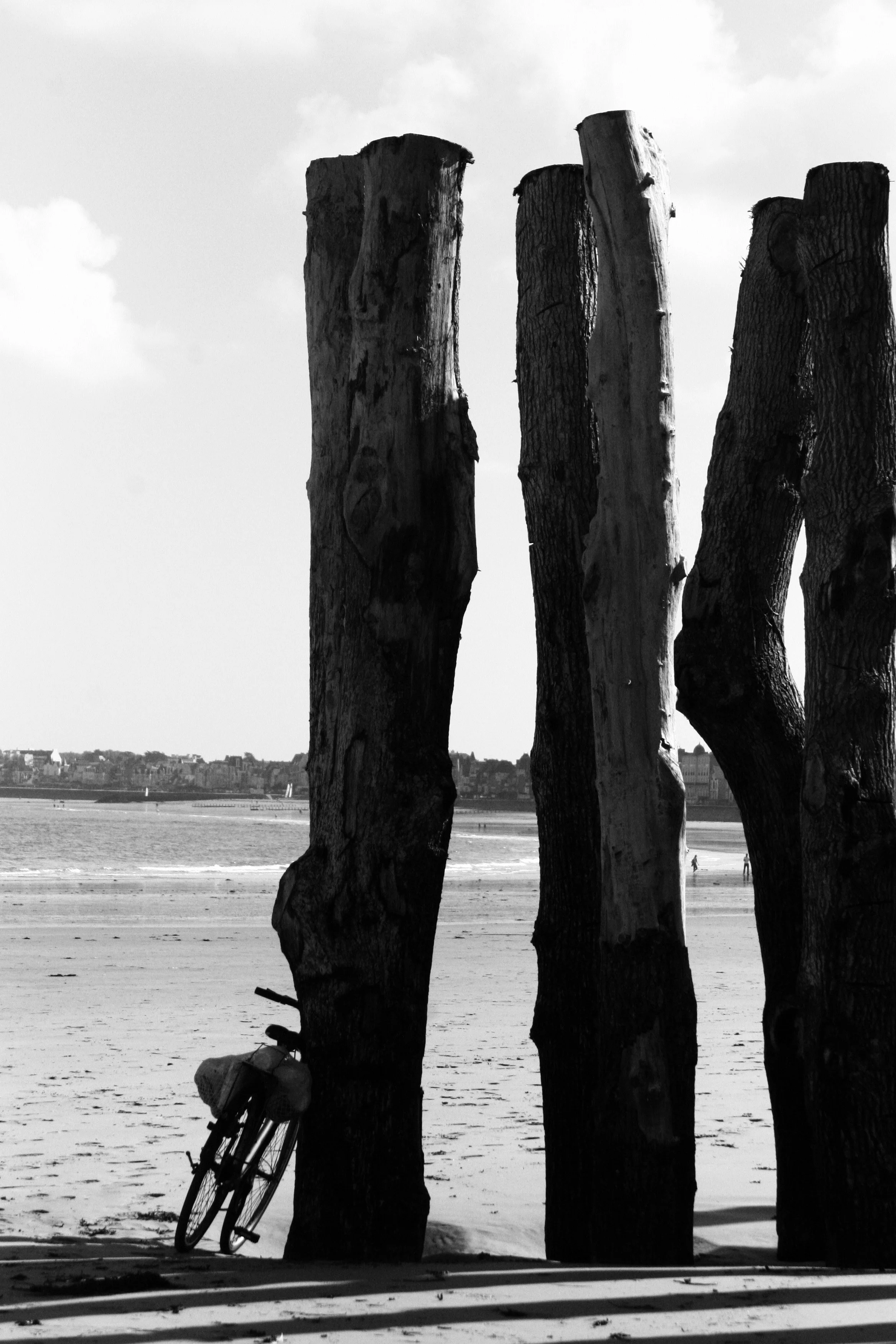Black and white photo of a bicycle leaning against a wooden post on a beach with sand, water, and distant buildings in the background.