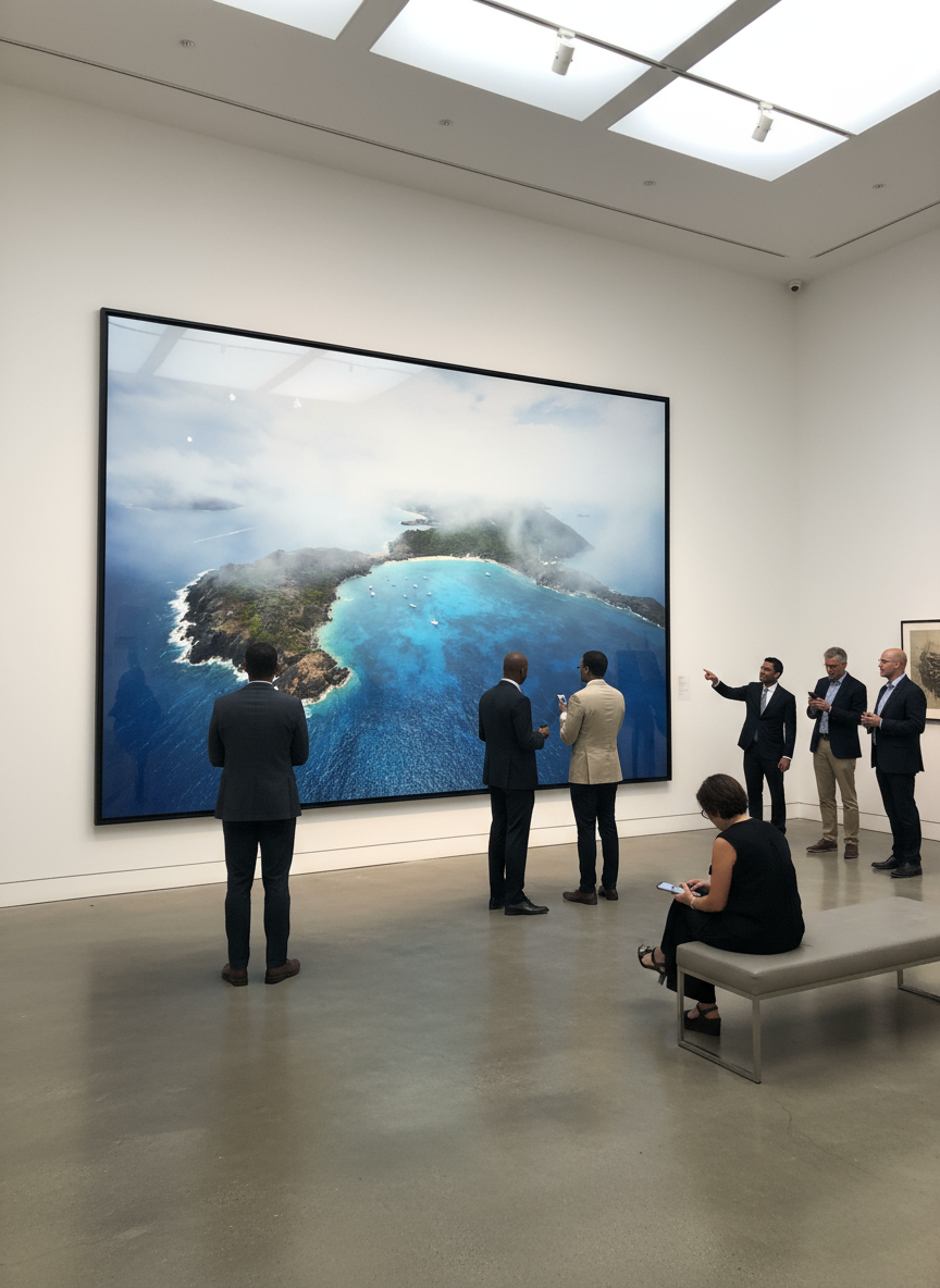 People viewing and discussing a large aerial photograph of a coastal landscape with blue water and green land inside an art gallery or museum.