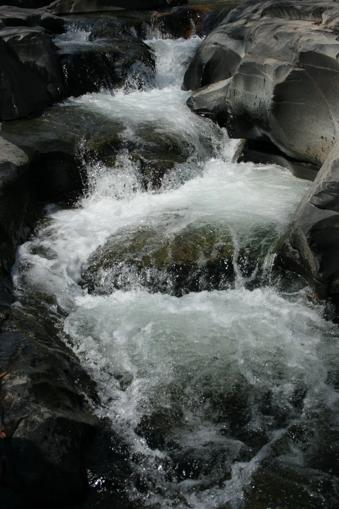 Fast-moving mountain creek flowing over rocks with white water and spray