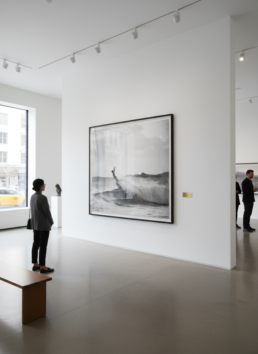 A woman viewing a large black-and-white photograph of a surfer riding a wave in an art gallery.