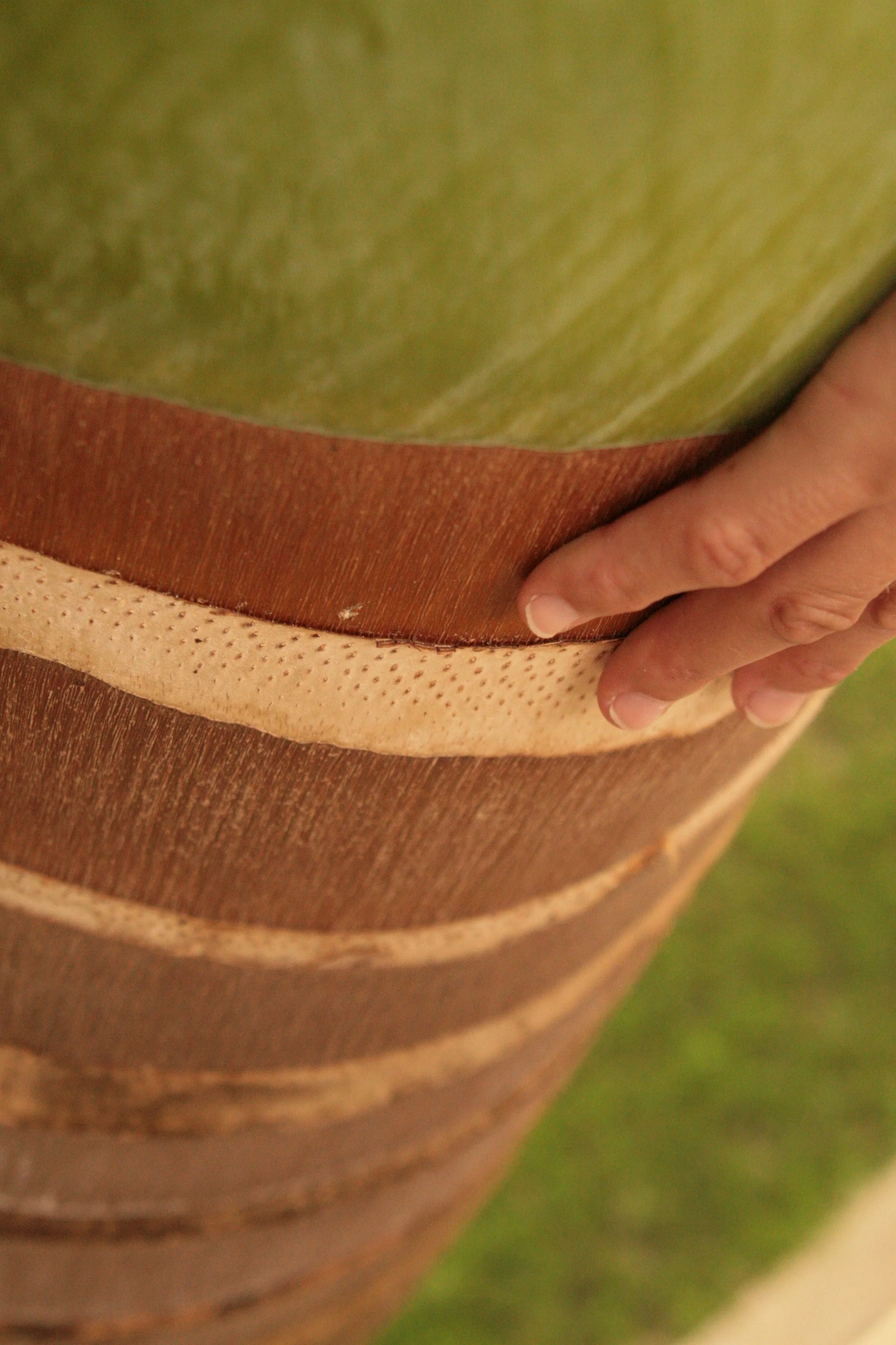 Person standing on a grassy field, wearing a multicolored skirt with horizontal brown, beige, and orange stripes, and a green top.