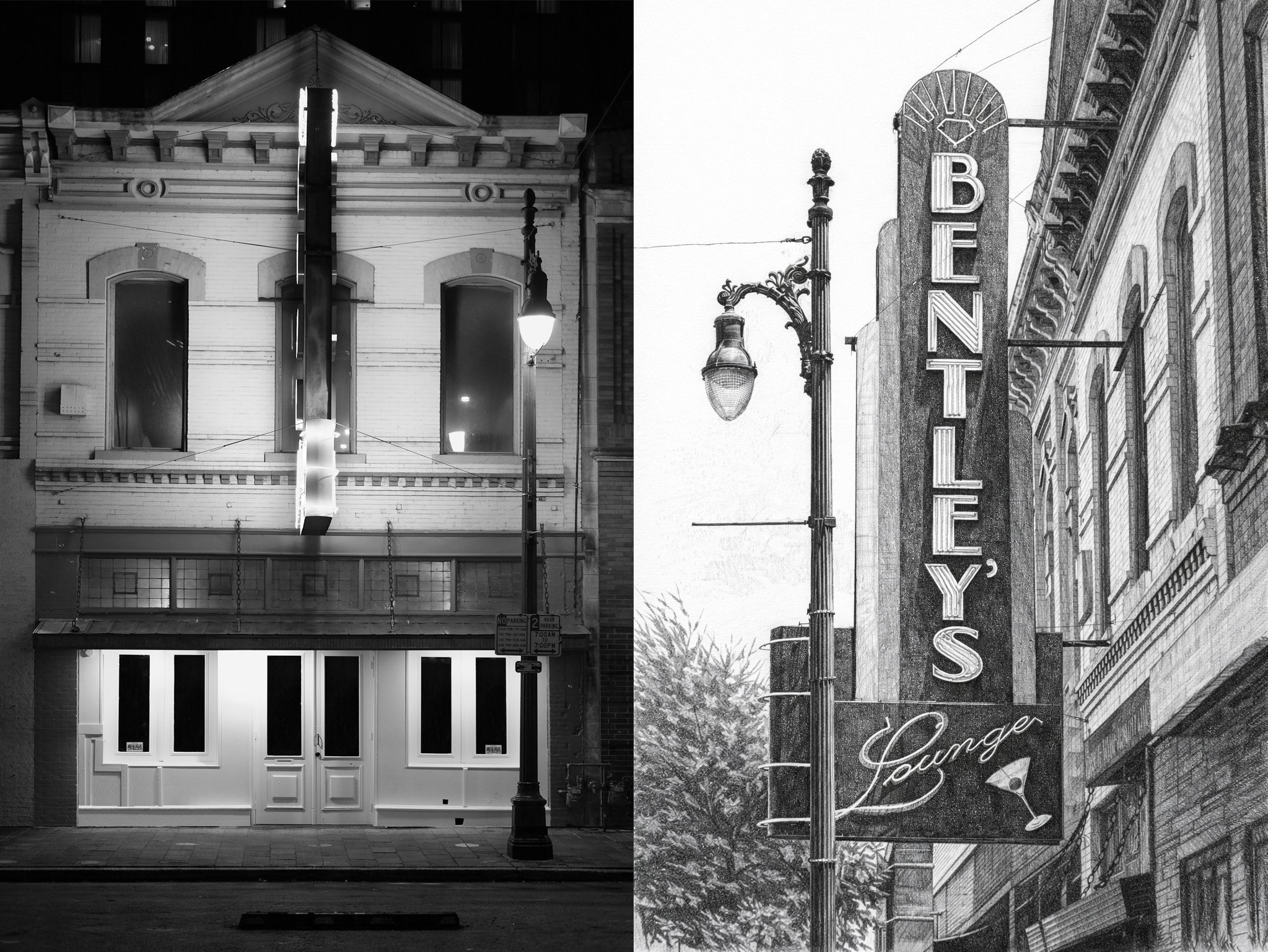 Black and white photo of two buildings; the one on the left is a small, older brick building with a large cross-shaped sign and illuminated lights, it appears to be closed. The building on the right has a neon sign that reads 'BENTLEY'S Lounge,' with ornate street lamps and detailed architecture.