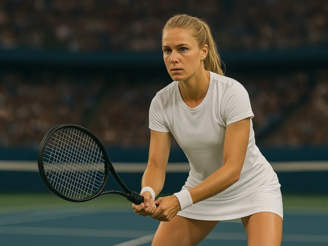 A female tennis player with a focused expression, representing the performance of Hoofrizon insoles.