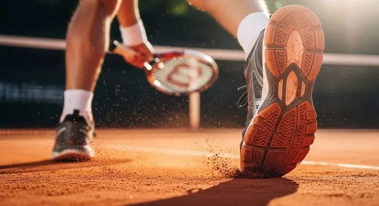 Close-up of a person playing tennis on a clay court, focusing on their shoe and the tennis ball.
