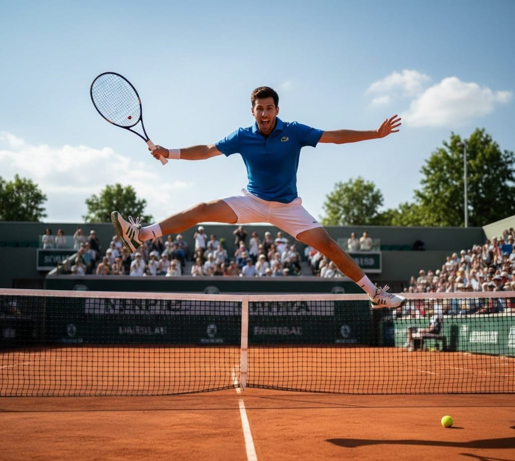 A man excitedly jumping over a tennis net on a clay court during a tennis match, holding a tennis racket and about to hit a yellow tennis ball, with spectators in the background on a sunny day.