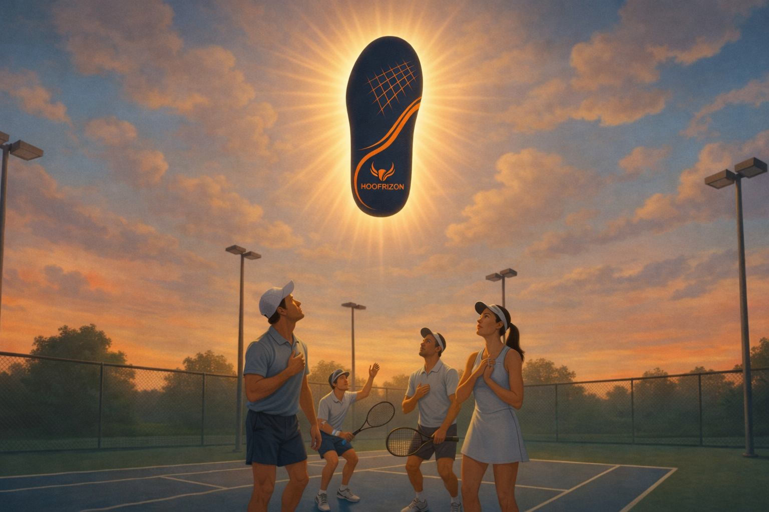 Tennis players looking up at a glowing Hoofrizon performance insole in the sky.