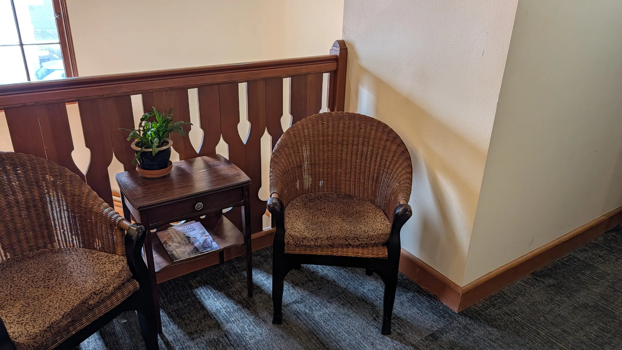 waiting room in upstairs hallway for therapy office eugene oregon wilcox building