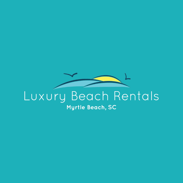 A logo for Luxury Beach Rentals featuring a stylized sunset or sunrise over waves with two seagulls, and the text "Luxury Beach Rentals Myrtle Beach, SC" on a teal background.