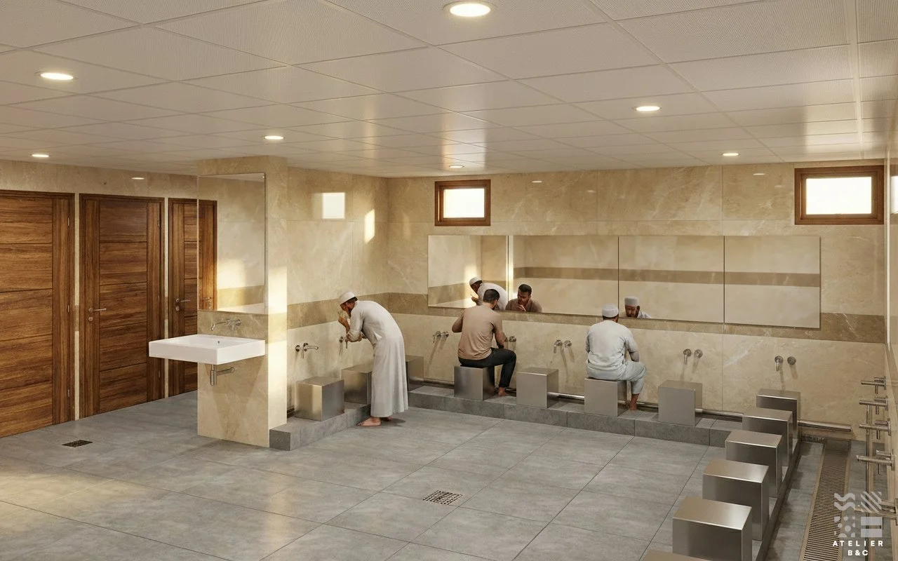 Salle de prière ou spa pour hommes avec des lavabos et des stations de lavage où des hommes en vêtements traditionnels musulmans se lavent.