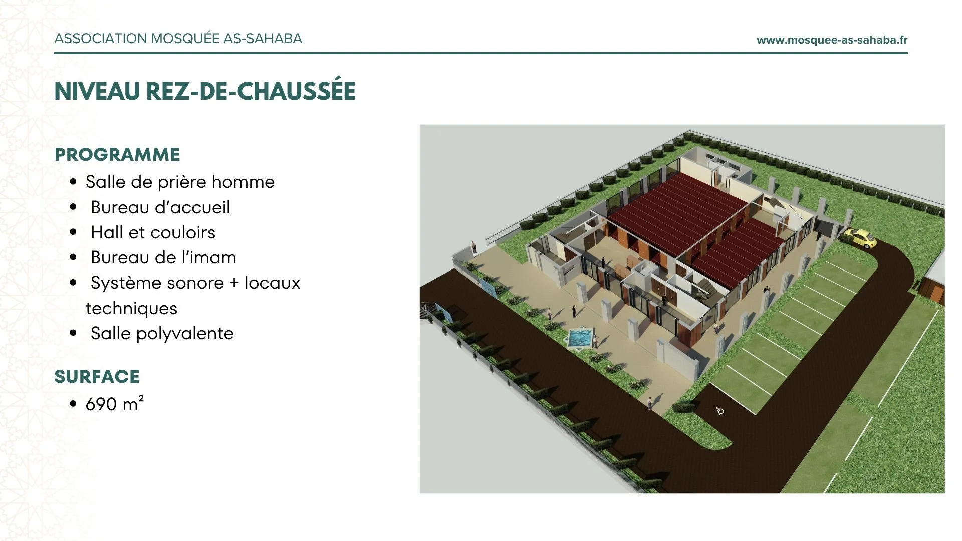 Plan architectural d'un bâtiment avec cour intérieure, terrain de sport, parking, et espace vert, utilisé par l'association mosquée AS-SAHABA.