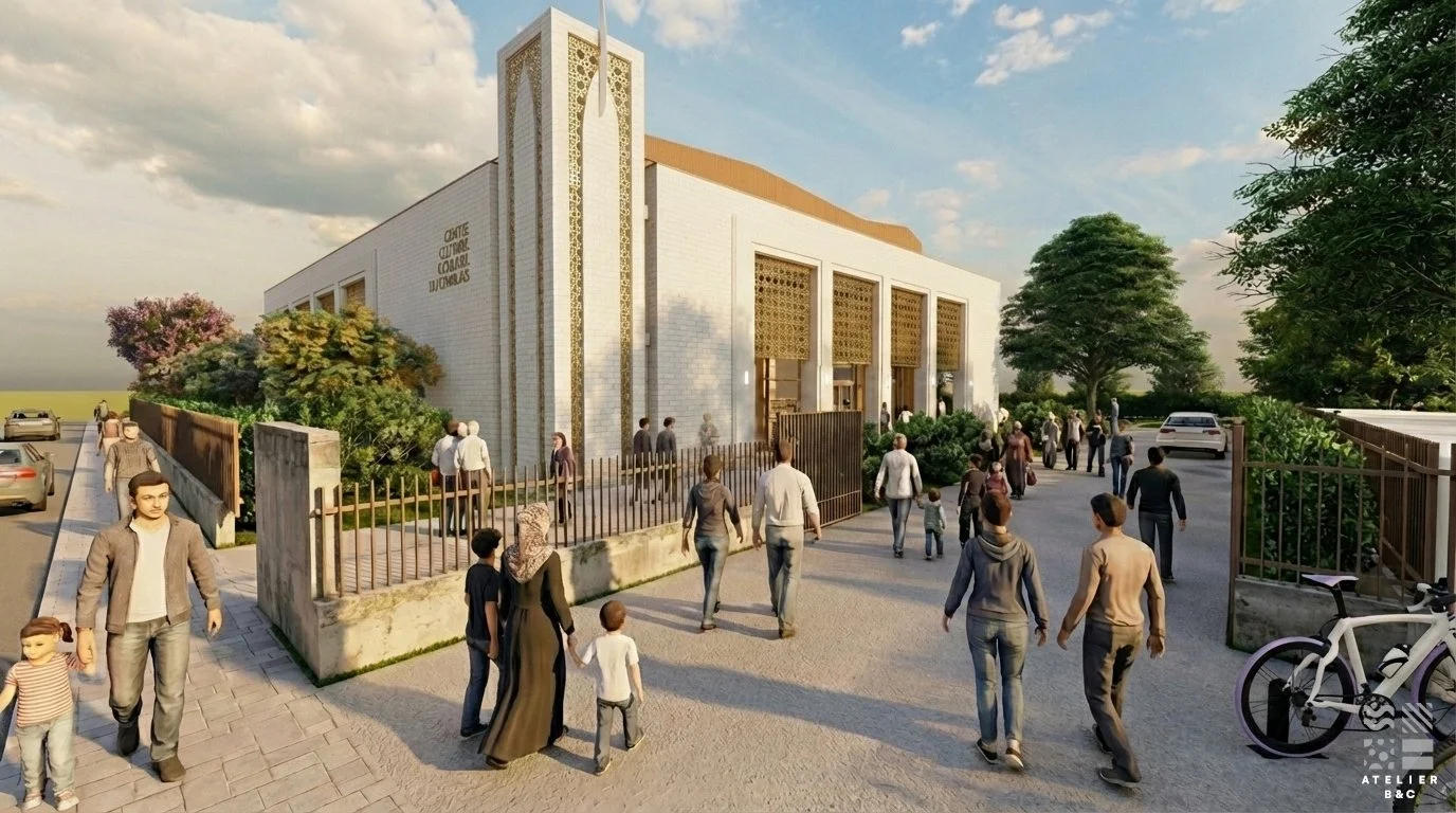 Représentation artistique d'un bâtiment culturel avec plusieurs personnes entrant et sortant, entouré d'arbres et de voitures dans un environnement extérieur