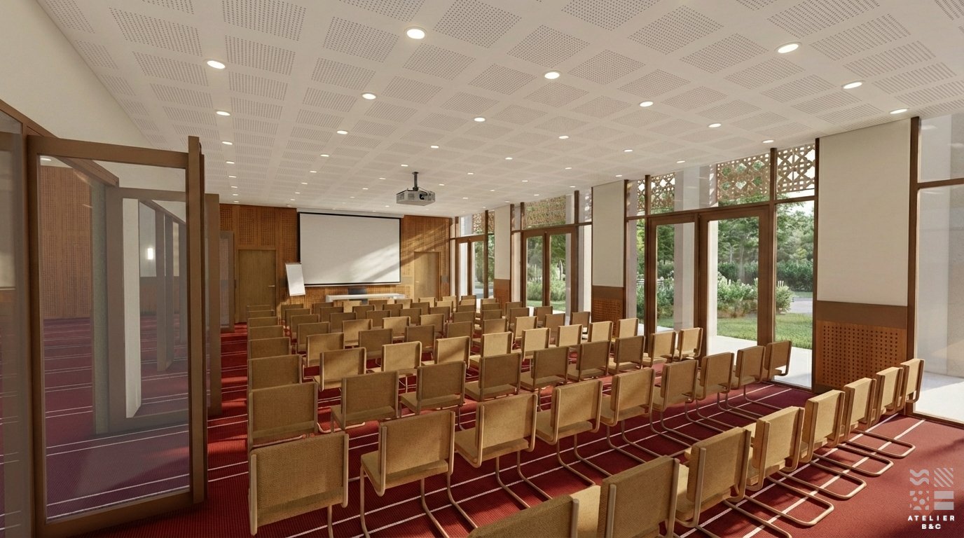 Une salle de conférence ou de réunion avec des rangées de chaises en bois et tissu beige, des fenêtres en verre laissant entrer la lumière naturelle, un écran de projection à l'avant, et un plafond avec des lumières intégrées.