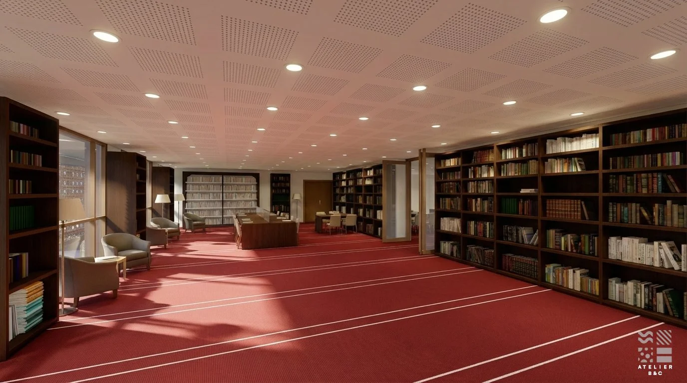 Une bibliothèque vide avec des étagères remplies de livres, des fauteuils inclinés et des lampes, avec un plafond à plafonniers.