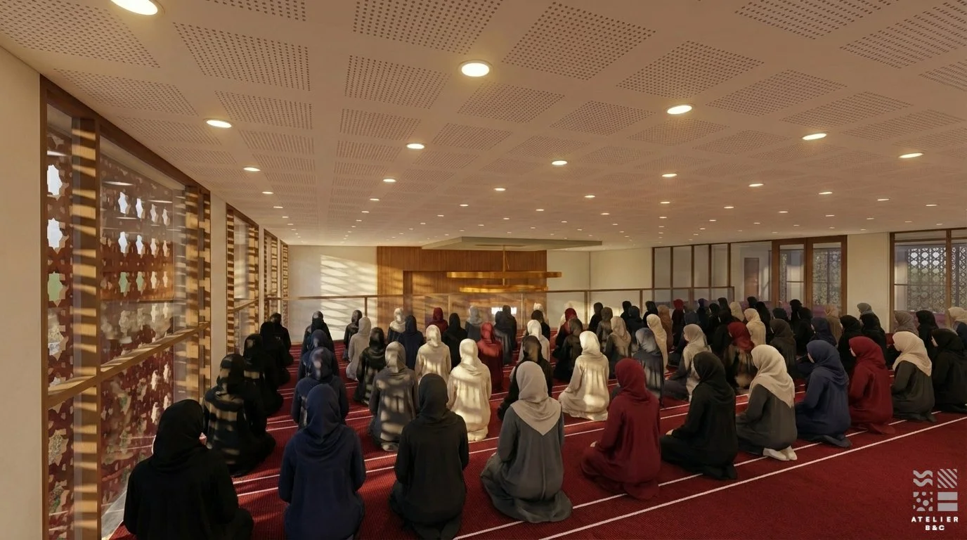 Femme musulmane priant dans une mosquée, toutes agenouillées sur un tapis rouge, portant des hijabs de différentes couleurs.