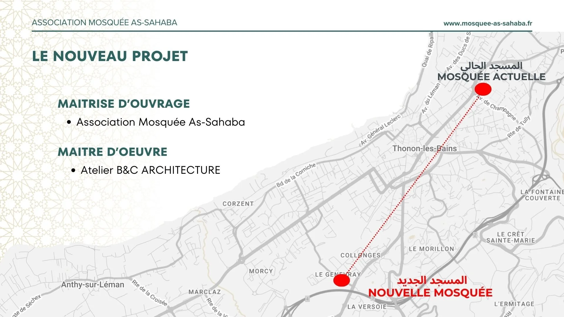 Carte montrant la localisation de la mosquée actuelle en haut à droite et du nouveau projet de mosquée en bas à gauche, avec des routes et quartiers nommés, texte en français et en arabe.