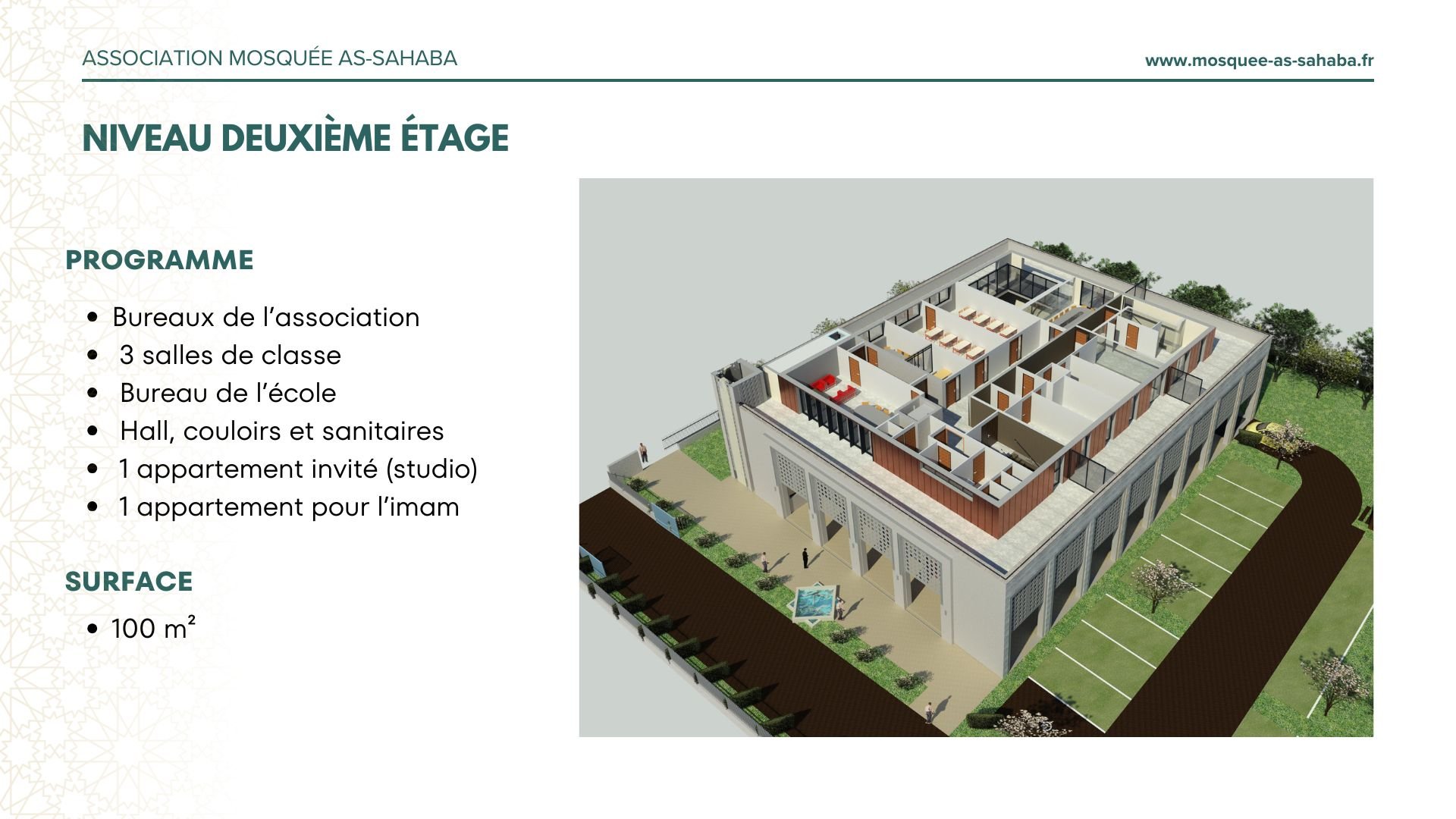 Plan d'un bâtiment de l'association mosquée AS-SAHABA avec des bureaux, salles de classe, salles, couloirs, sanitaires, ainsi que deux appartements sur un terrain de 100 m².