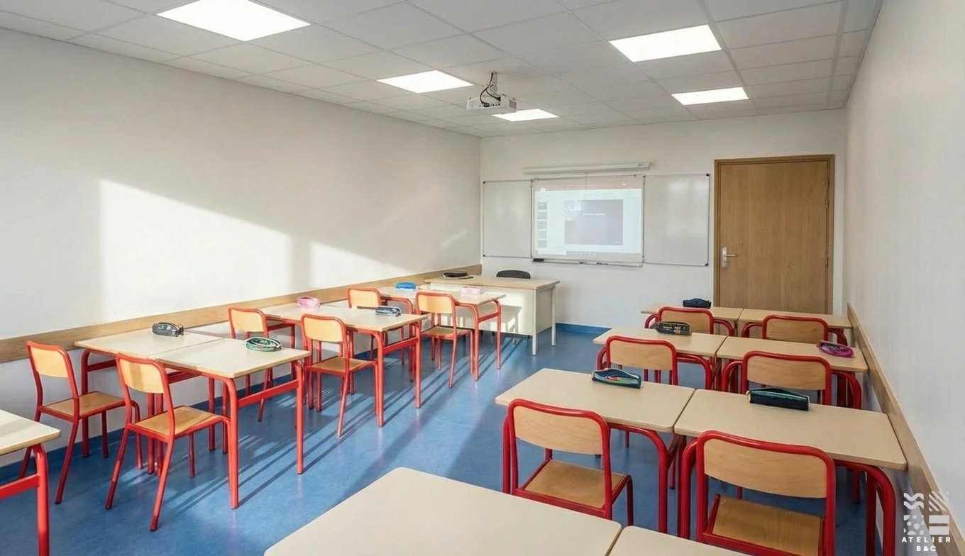 Salle de classe vide avec des tables, des chaises en bois avec cadres rouges, un tableau blanc, un projecteur suspendu au plafond, et un panneau de projection. Il y a des stylos et des cahiers sur certaines tables. La salle est bien éclairée par des 