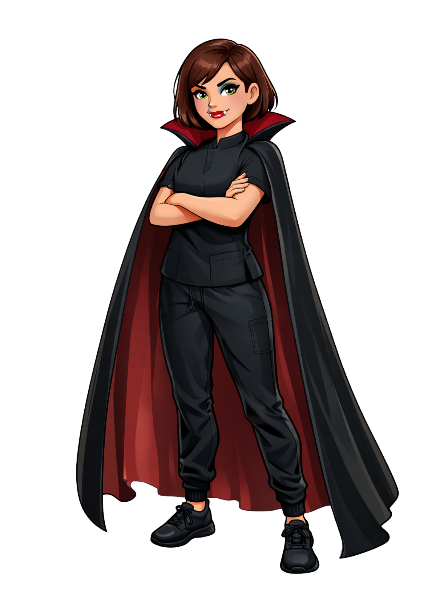 A cartoon woman dressed as a superhero with short brown hair, green eyes, wearing a black athletic outfit, and a long black cape with a red interior, standing confidently with folded arms.