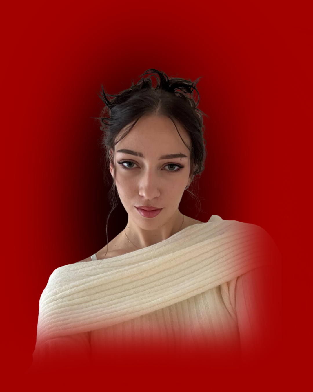 A young woman with dark hair in a messy style, wearing a white, ribbed off-shoulder top, against a red background with a faded vignette effect.