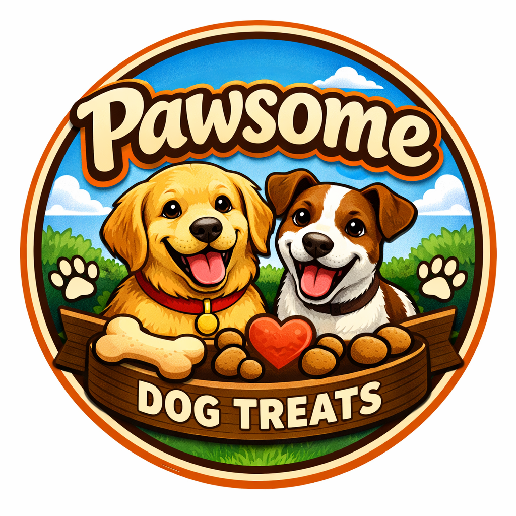 A colorful logo for Pawsome Dog Treats featuring two smiling cartoon dogs, a fluffy golden retriever and a brown and white beagle, sitting behind a wooden sign with a heart-shaped treat and dog biscuits. The background shows a blue sky with white clouds and green bushes.