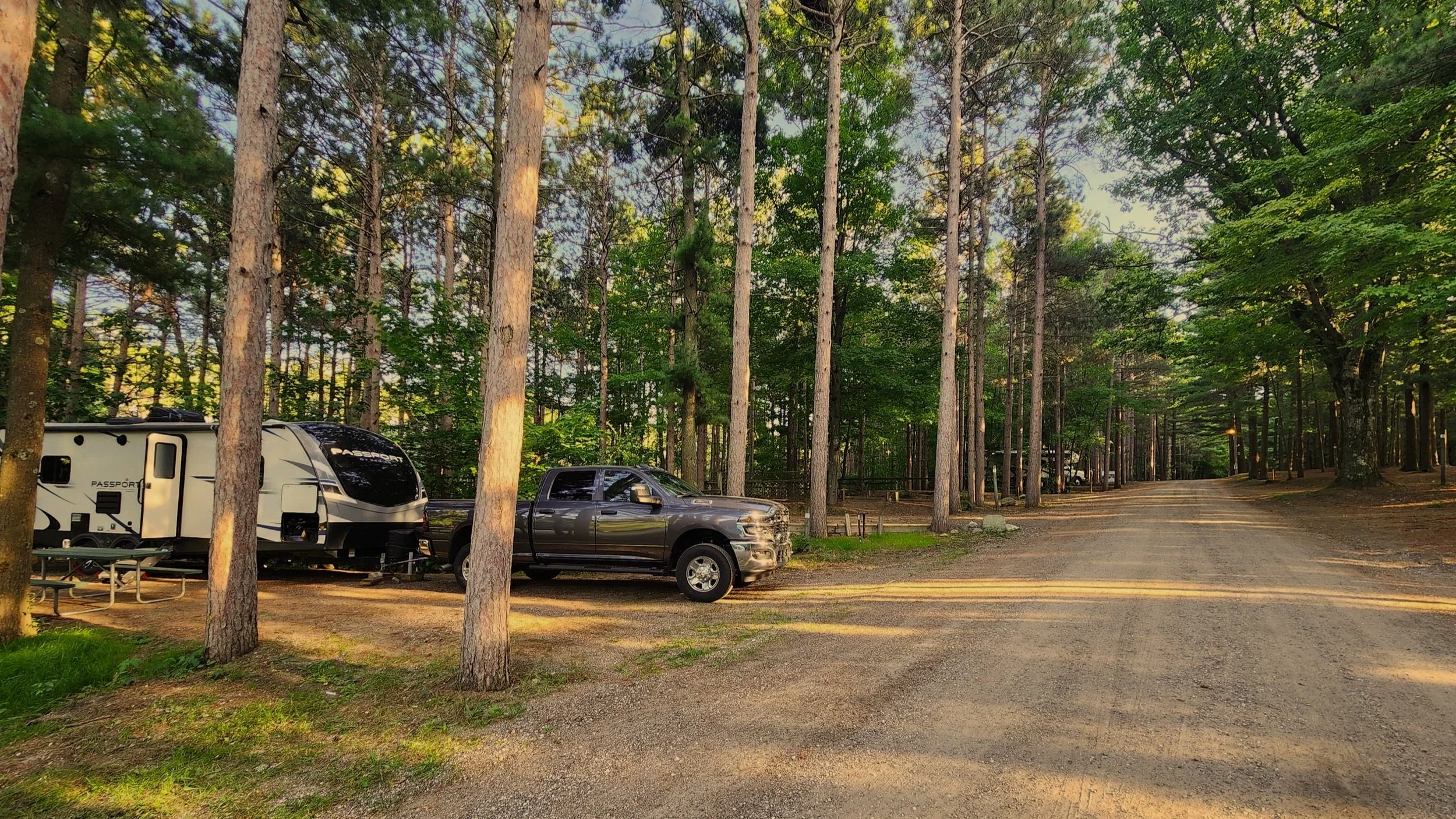 A camping site in a wooded area with a trailer and a pickup truck parked on a dirt road surrounded by tall trees.