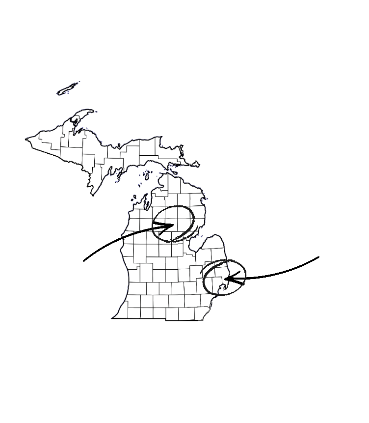 Silhouette of Michigan state map with illuminated blue outline, showing Lake Michigan and Lake Huron, with Circles marking certain locations.