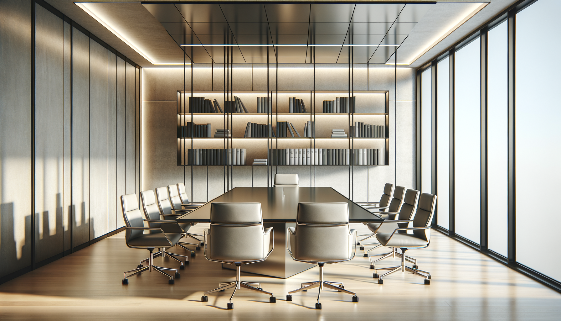 Modern conference room with a large black table, white chairs, a bookshelf with binders and books, and large windows letting in natural light.