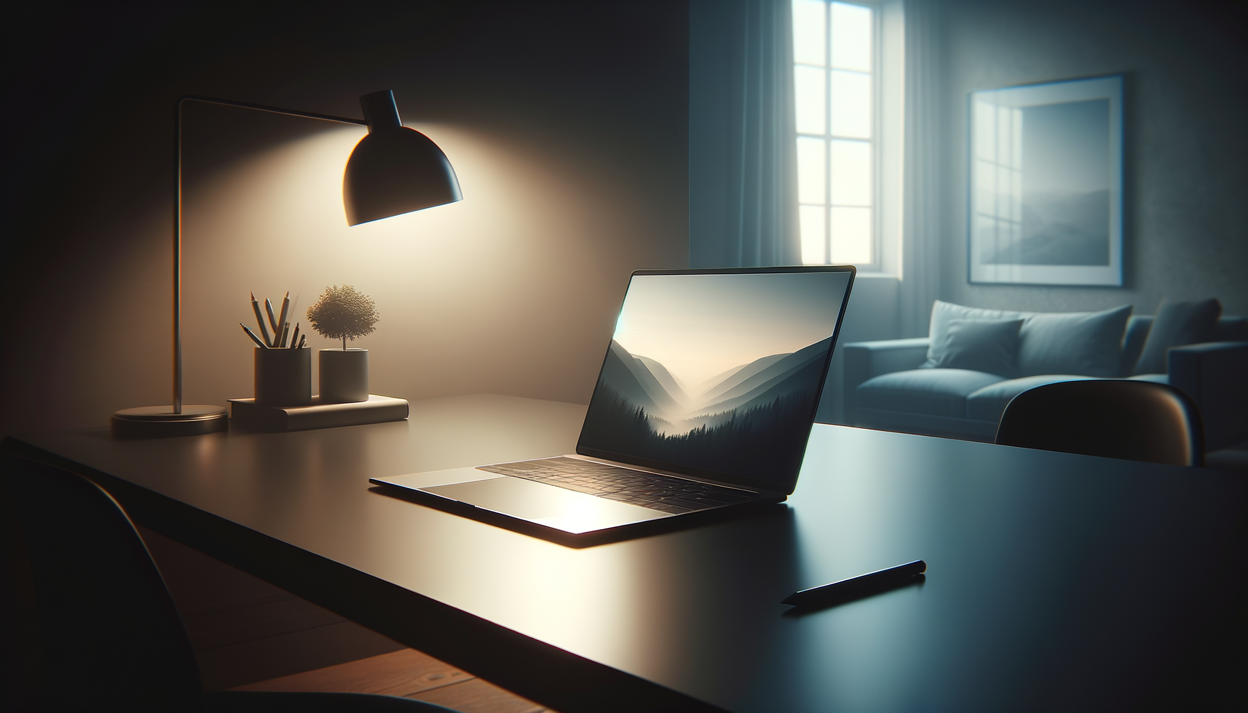 A modern workspace with a sleek laptop on a white desk, illuminated by a desk lamp. The background shows a cozy living room with a sofa, window with curtains, and framed artwork on the wall.