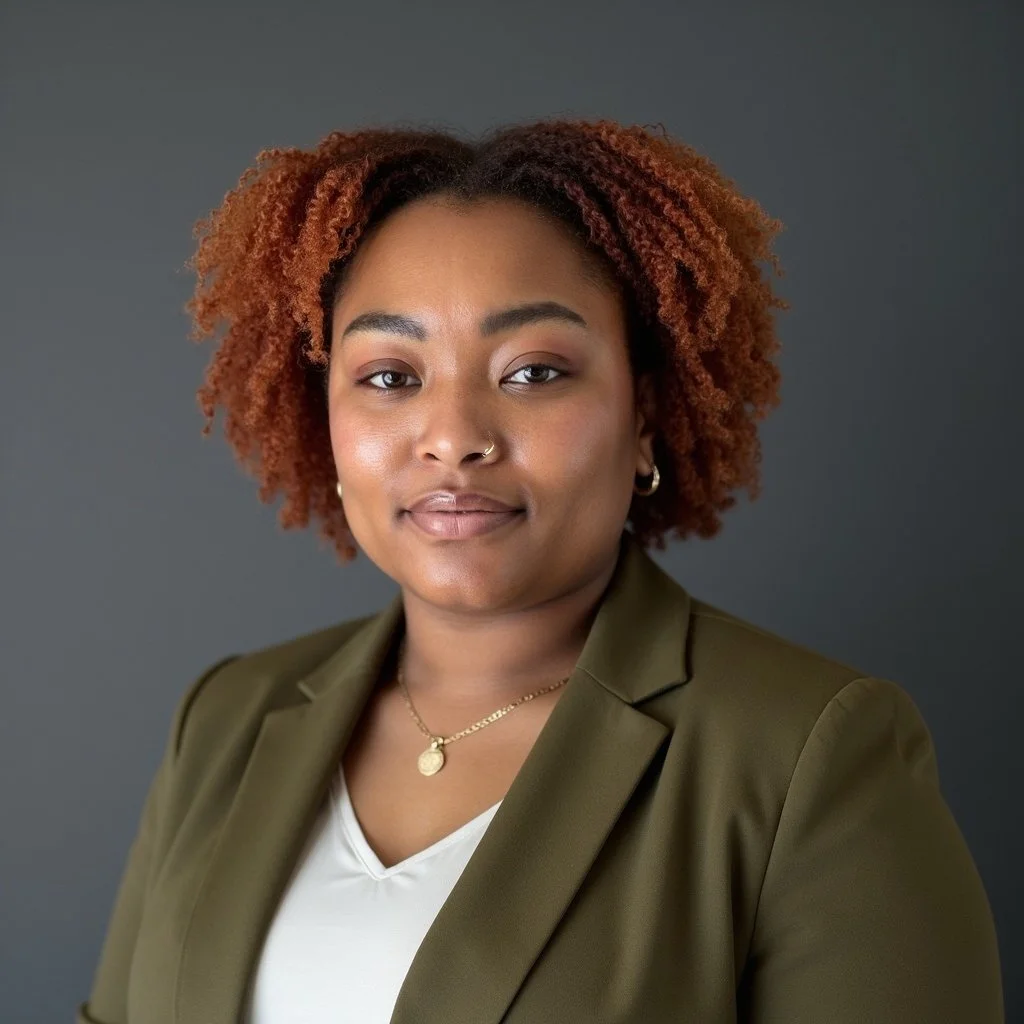 Portrait of a young woman with natural curly hair, wearing a green blazer, white top, gold necklace, and earrings, standing against a gray background.