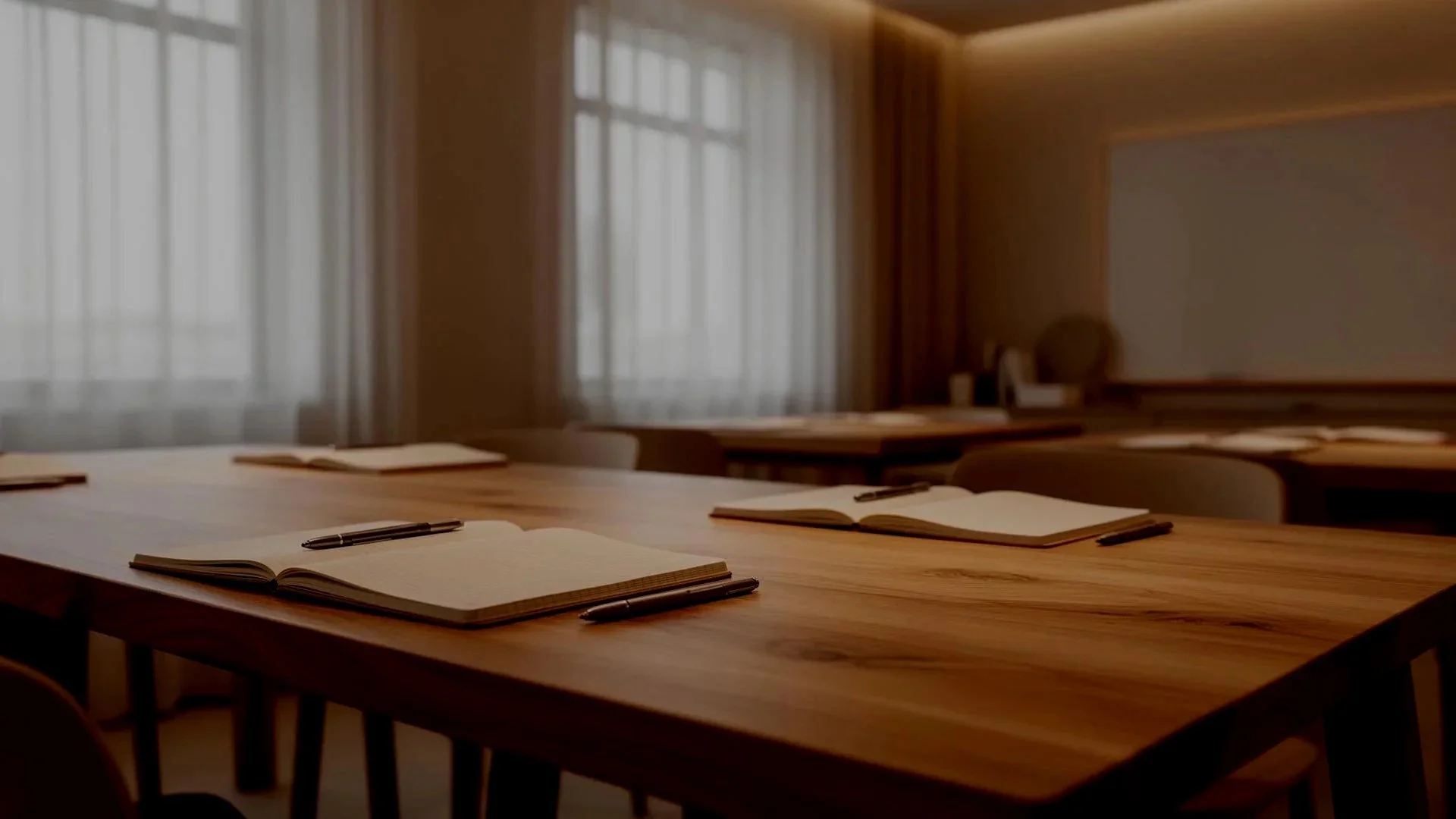 A conference room with a wooden table, open notebooks, and pens, with large windows and curtains in the background.