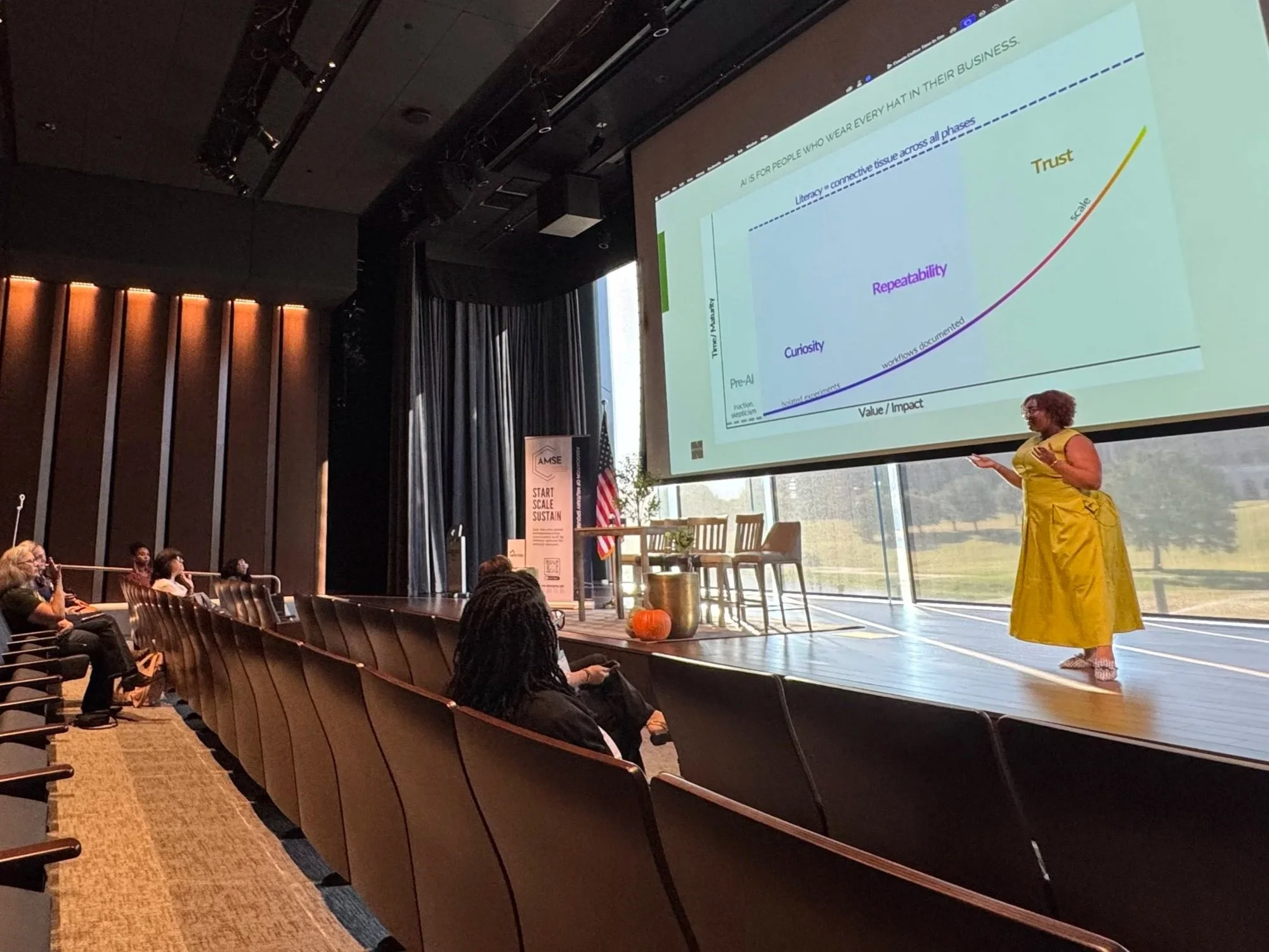 A woman in a yellow dress is giving a presentation on a stage with a large screen displaying a colorful chart. Audience members are seated and listening in a conference room with floor-to-ceiling windows.