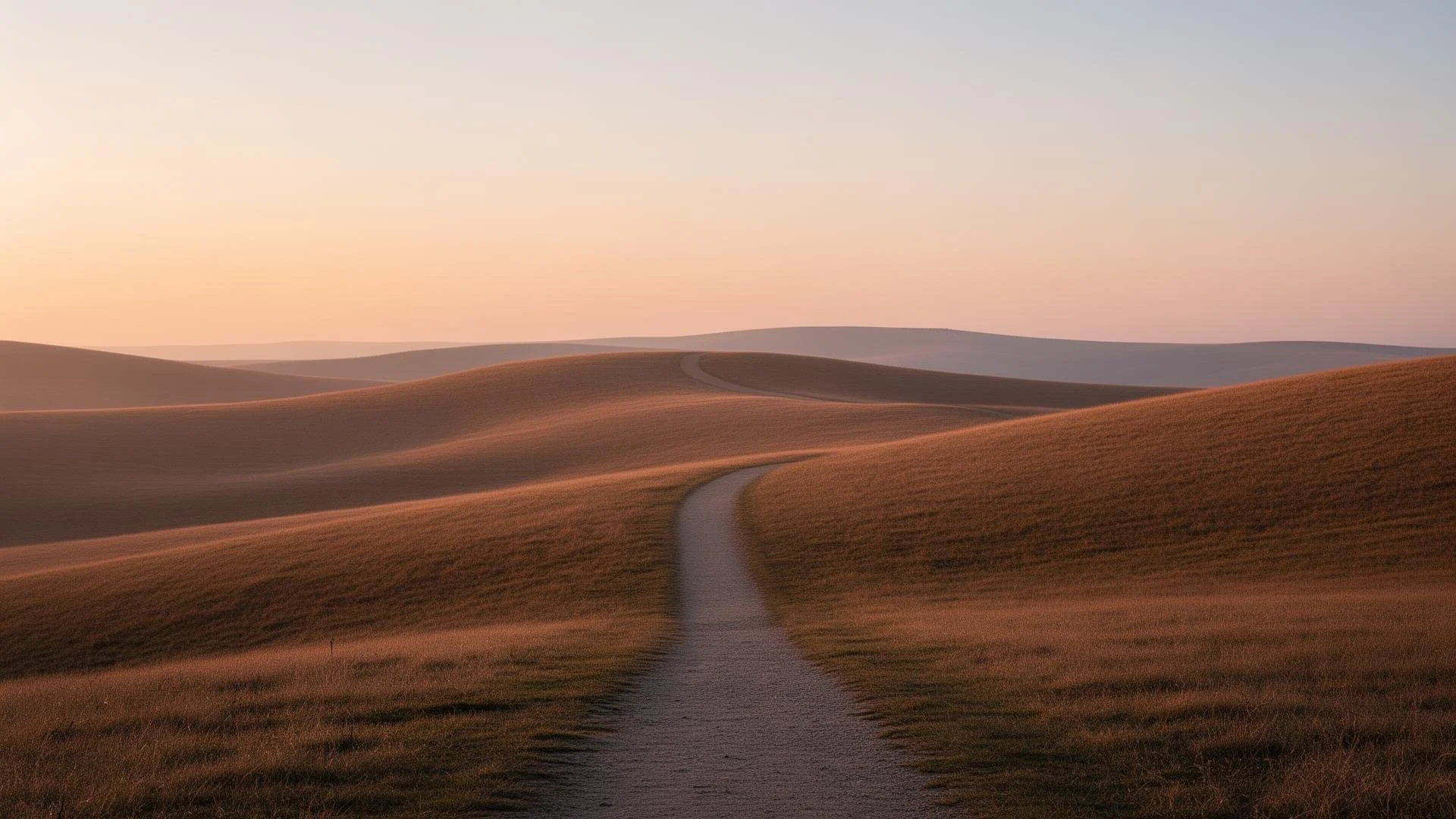 A winding dirt trail going through a landscape of rolling grassy hills at sunset.