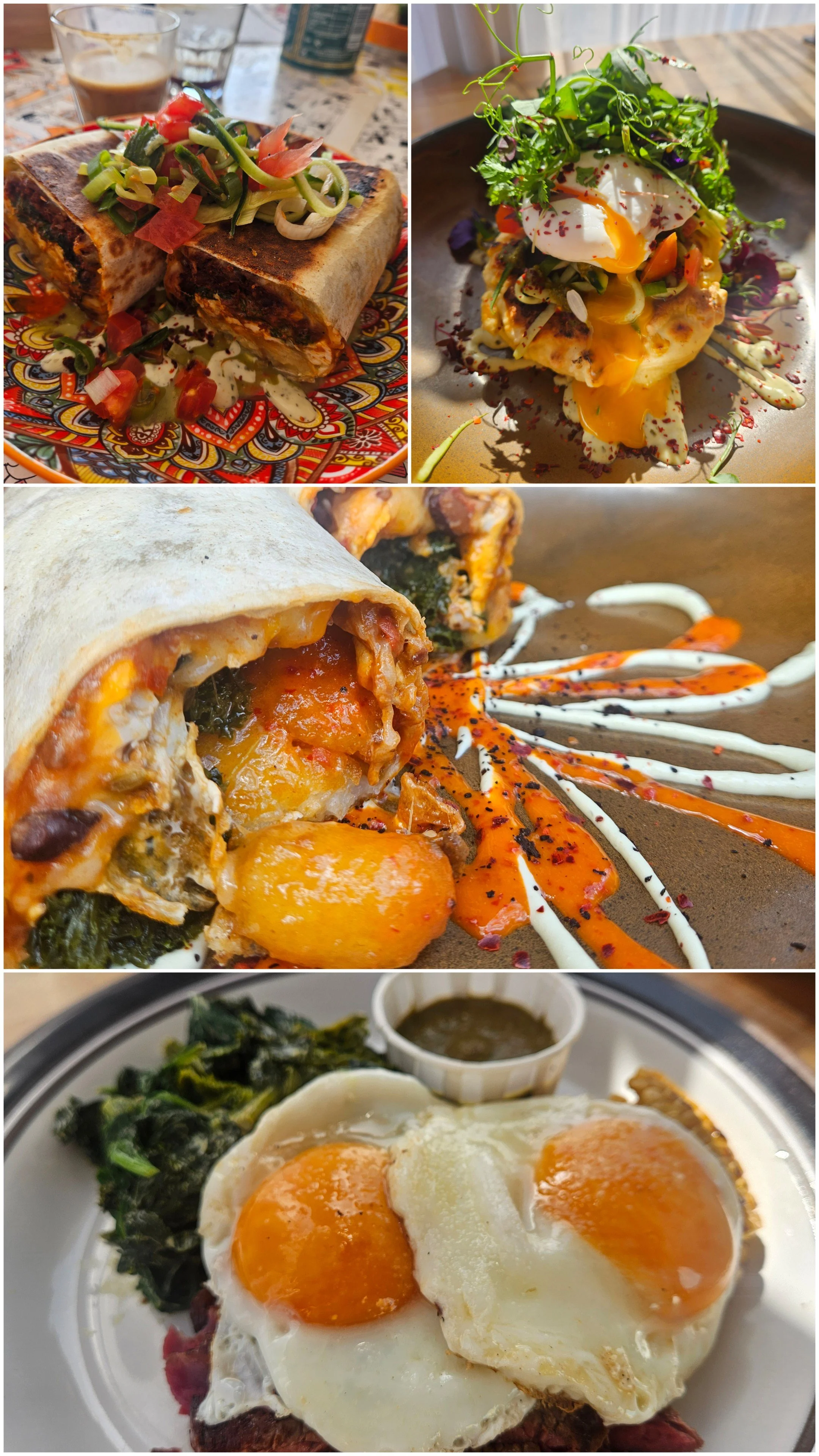 A collage of four images showcasing dishes: burritos filled with meat and vegetables, sweetcorn pancakes, and steak and eggs.