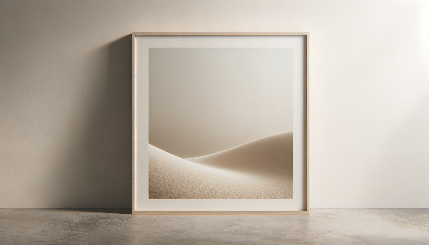 A framed minimalist art piece of sand dunes leaning against a beige wall.