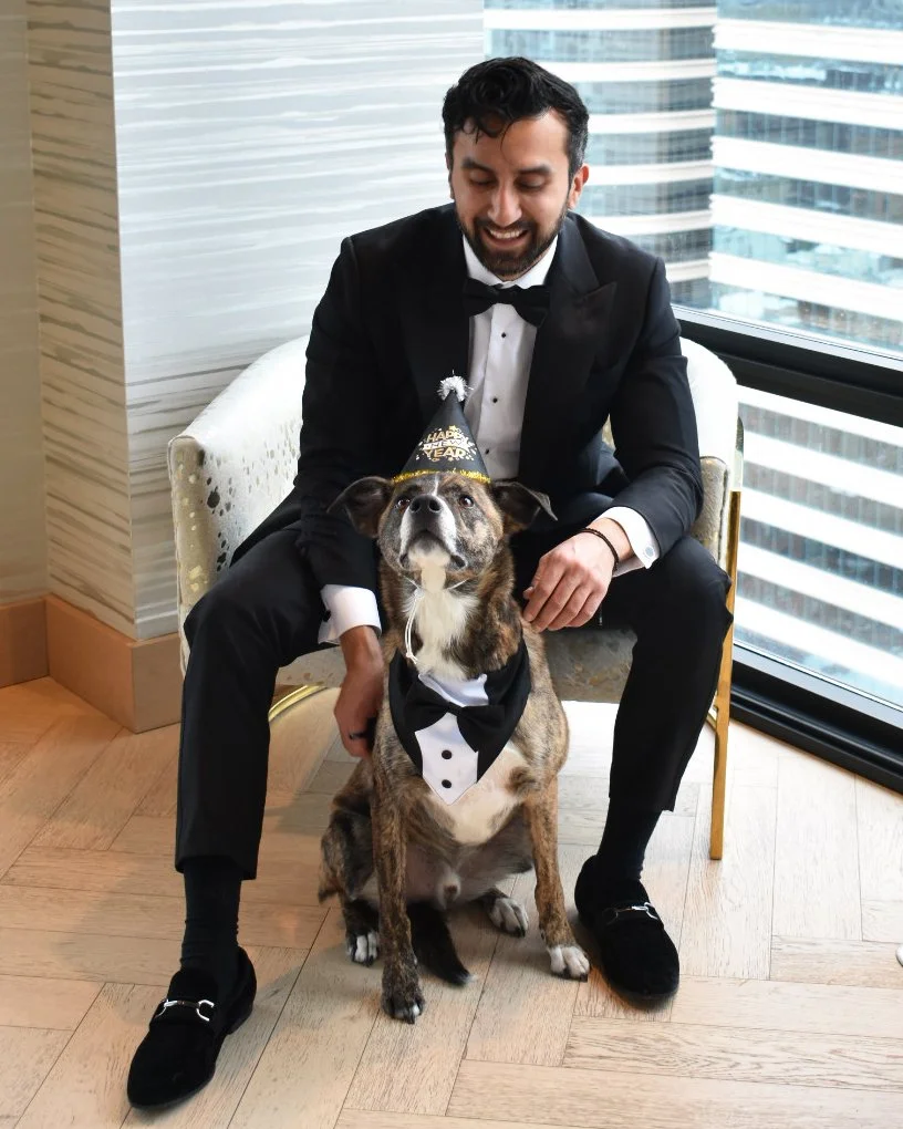 A man dressed in a tuxedo with a bow tie sitting on a chair, smiling at a dog. The dog is wearing a tuxedo bib and a birthday hat. The setting is indoors with large windows overlooking a cityscape.