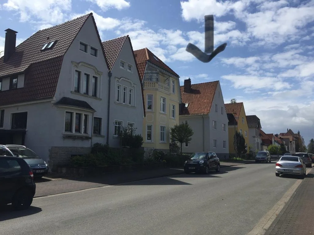 Straße mit mehreren Wohnhäusern, Parkplätzen und Autos, bewölkter Himmel, Vogel im Flug.