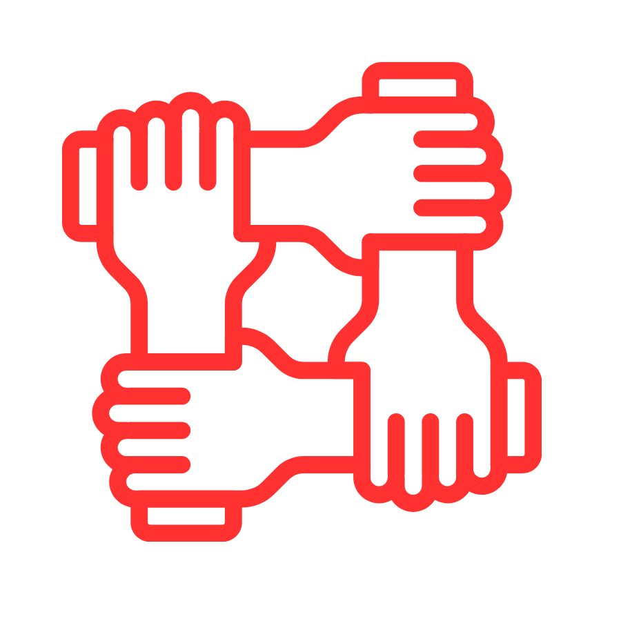 Four red outlines of hands interlocked in a square formation on a black background, symbolizing unity or teamwork.