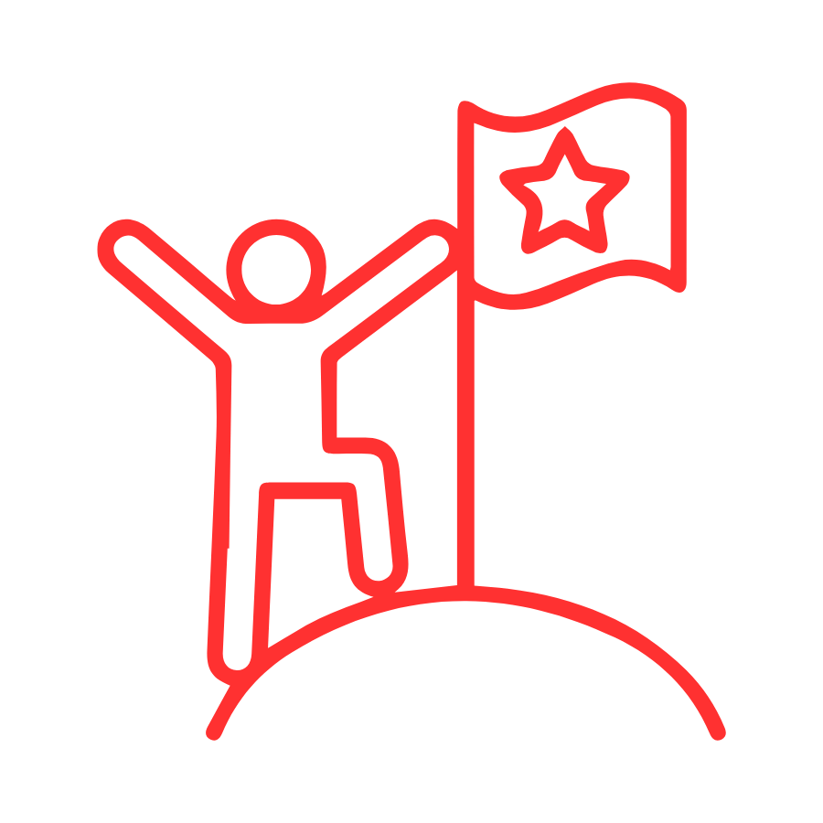 Red outline of a person standing on a curved surface with arms raised, next to a flag featuring a star.