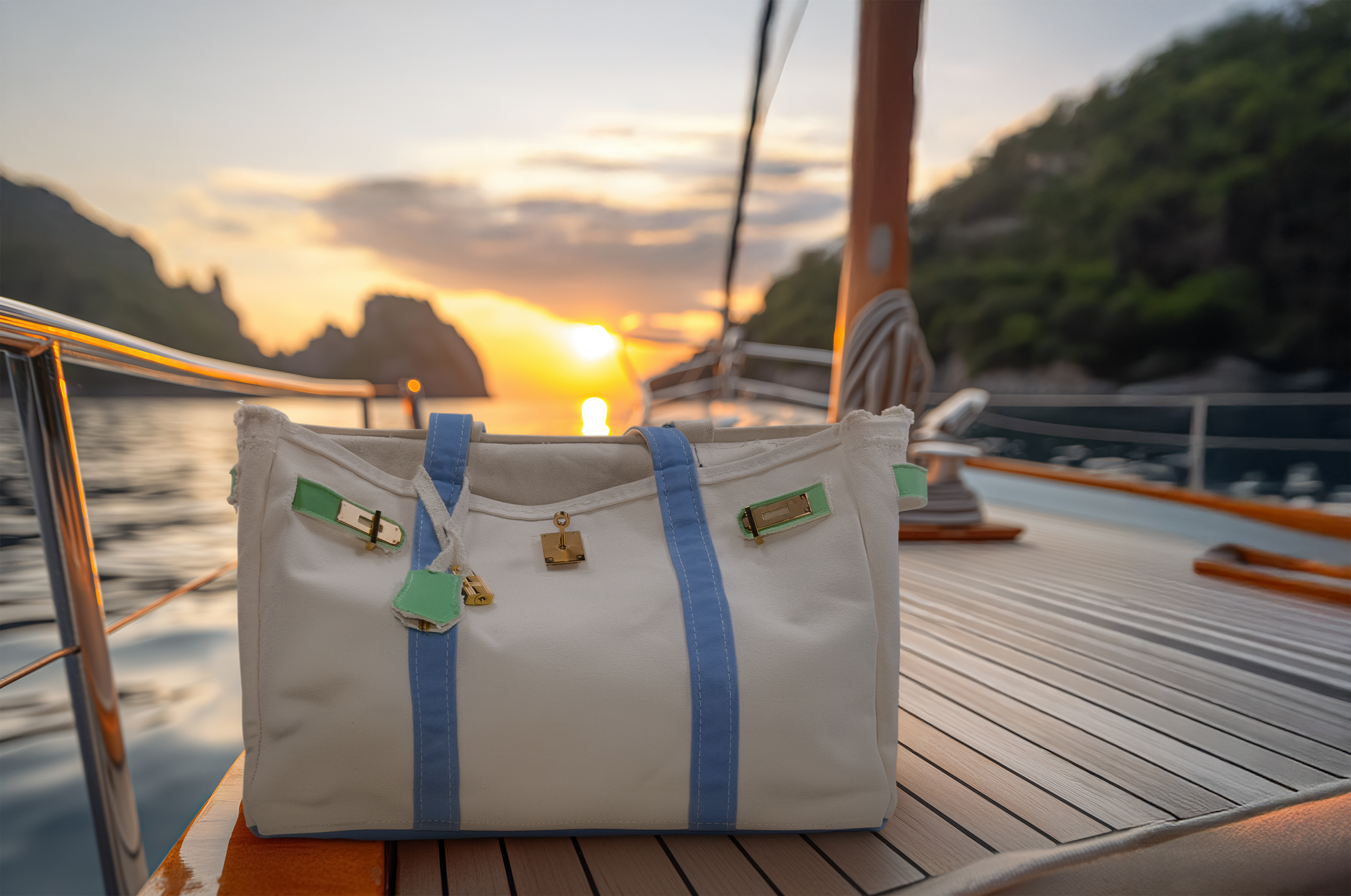 A canvas bag with blue straps and gold hardware on the deck of a boat during sunset, with mountains and water in the background.  Boatkin inspired upcycled L.L. Bean Boat and Tote