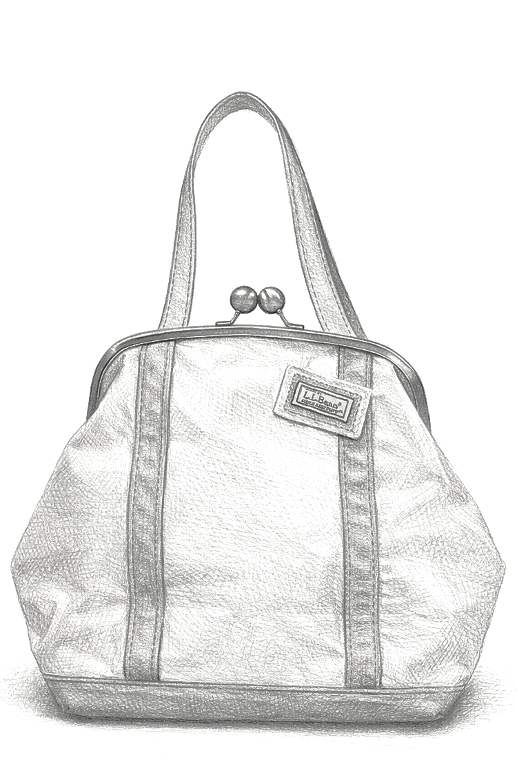 A sketch of a large fabric handbag with two handles and a clasp closure, featuring a small rectangular Patch that reads 'L.L. Bean.' North & Knox Kisslock Tote