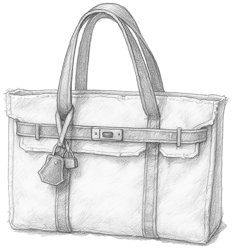 Sketch of a handbag with handles, a buckle strap, and a small lock hanging from the strap.  North & Knox boatkin inspired hand crafted tote from L.L. Bean Boat and tote