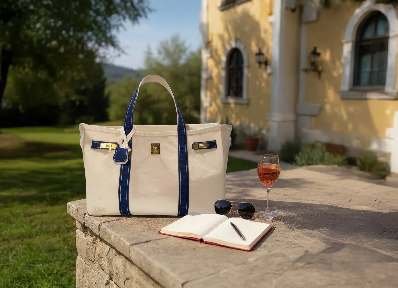 A white and blue tote bag, a pair of sunglasses, a notebook with a pen, and a glass of rosé wine on a stone ledge outside a yellow villa. Boatkin inspired upcycled L.L.Bean Boat and Tote