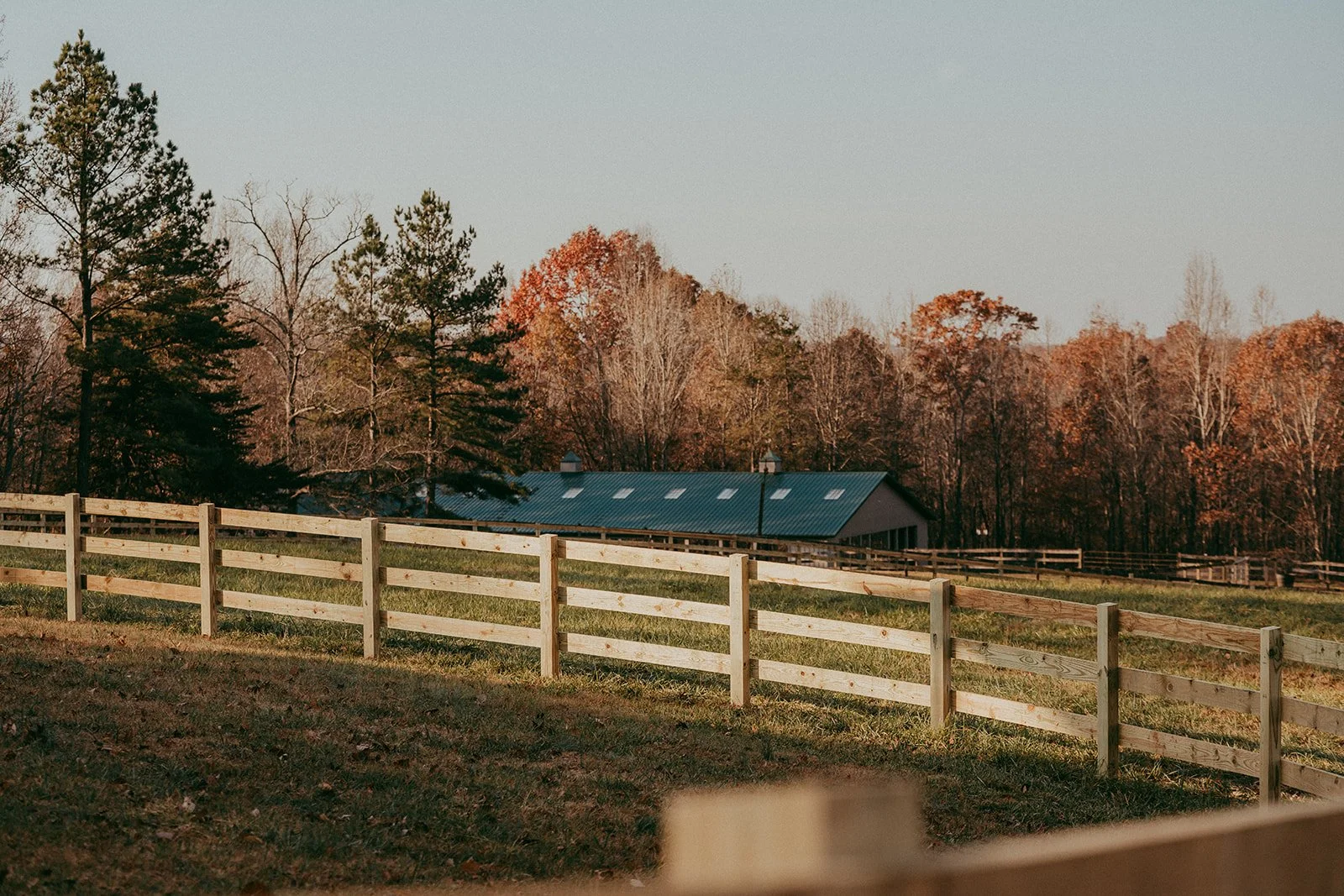 A rural scene with a wooden fence, grass, trees with fall foliage, and a building with a metal roof in the background, under a clear sky.