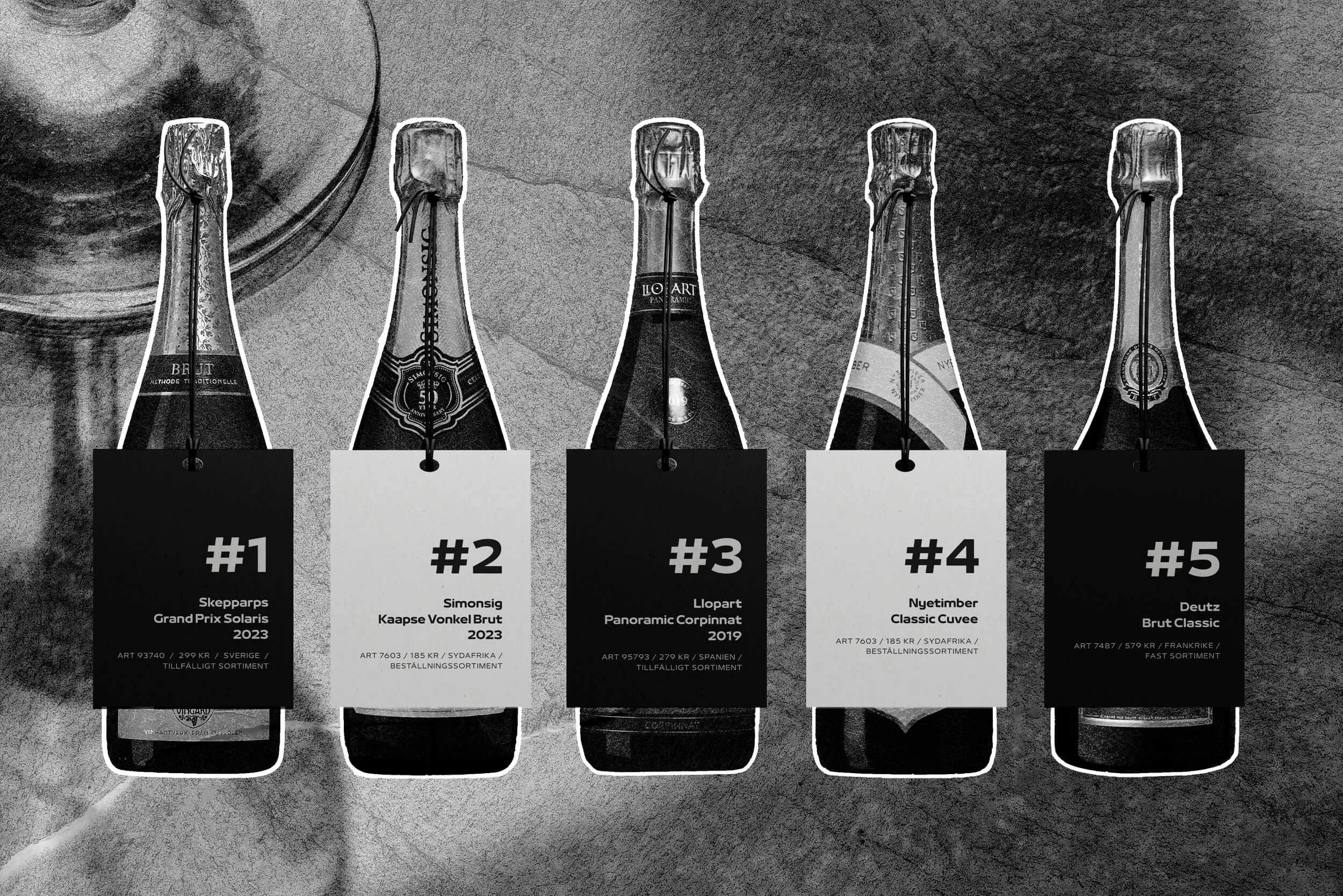 Wine tasting numbered tags on wine bottles