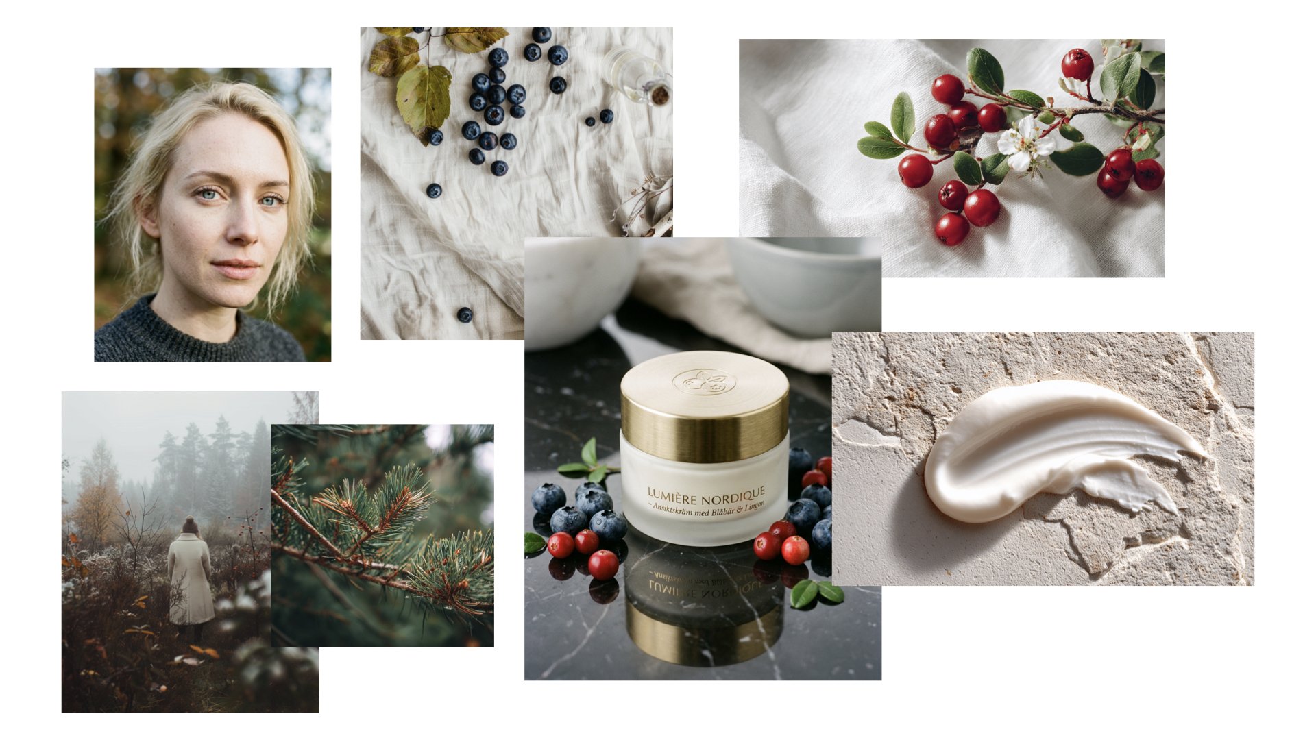 AI-generated moodboard concept for a Nordic skincare brand, featuring misty pine forests and lingonberries