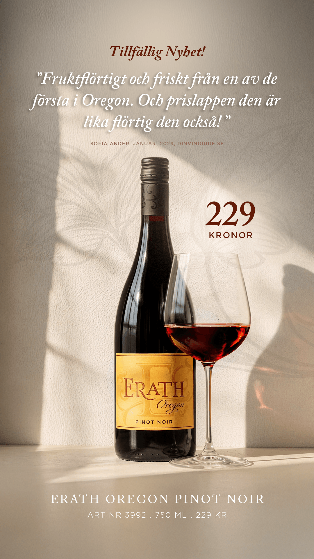 AI-generated lifestyle photo of Erath wine bottle in a neutral setting