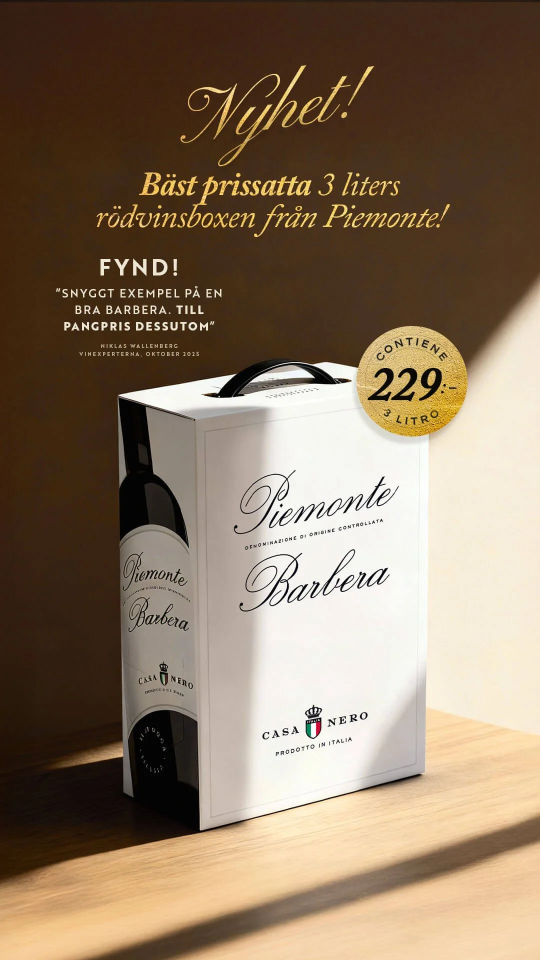 AI-generated product photo of Casa Nero wine bottle with packaging