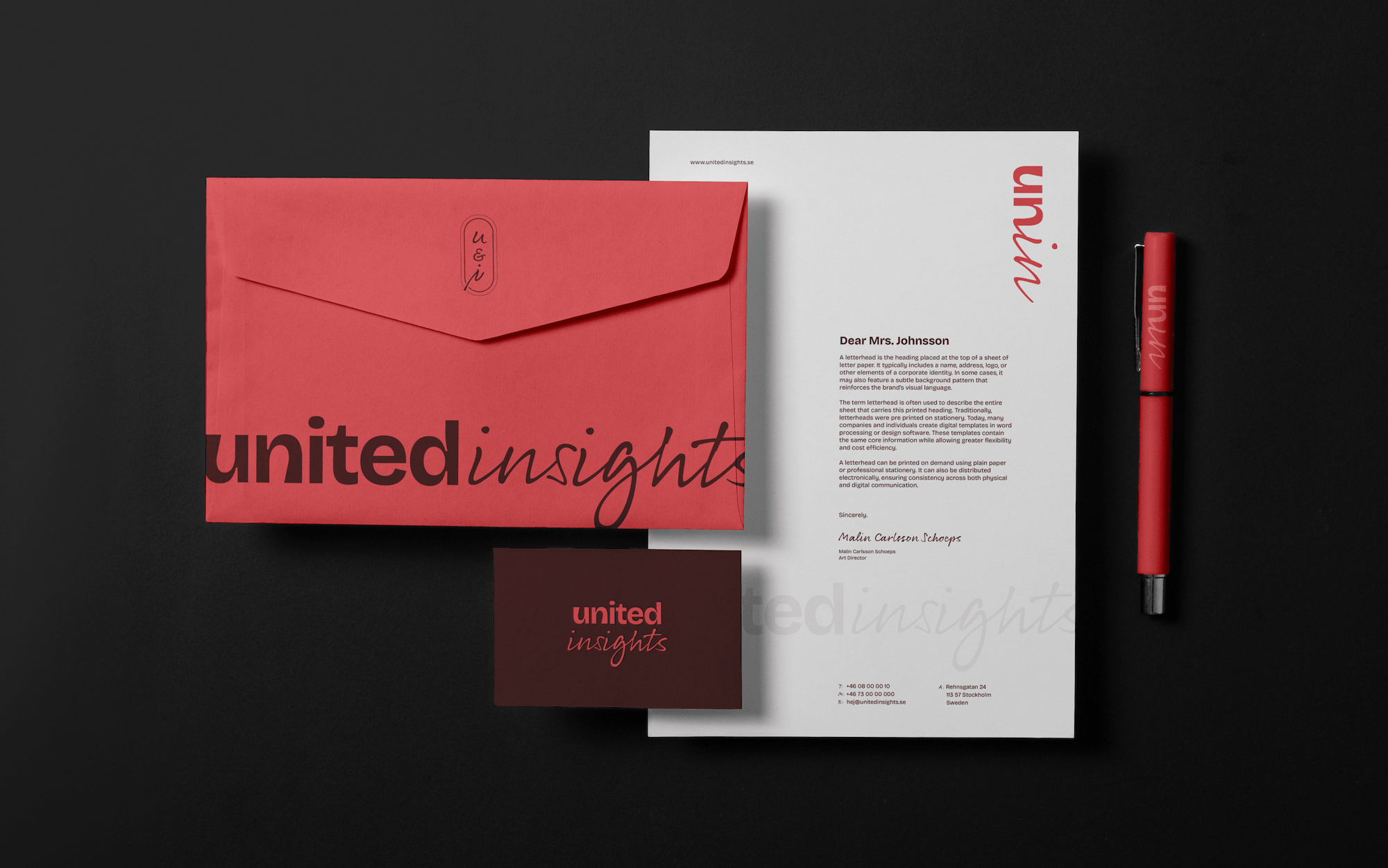 United Insights business card mockup showing logo and contact layout